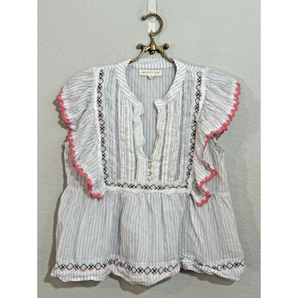 Lovestitch Floral Blouse Top Size M Crochet Flutter Sleeves Boho Light